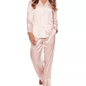 Classic Pink and White Striped Pajama Set XS 100% Silk Petite Plume